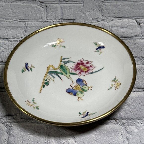 Vintage White Pink Butterfly Porcelain Brass Style Metal Trinket Bowl Hong Kong - Picture 14 of 14